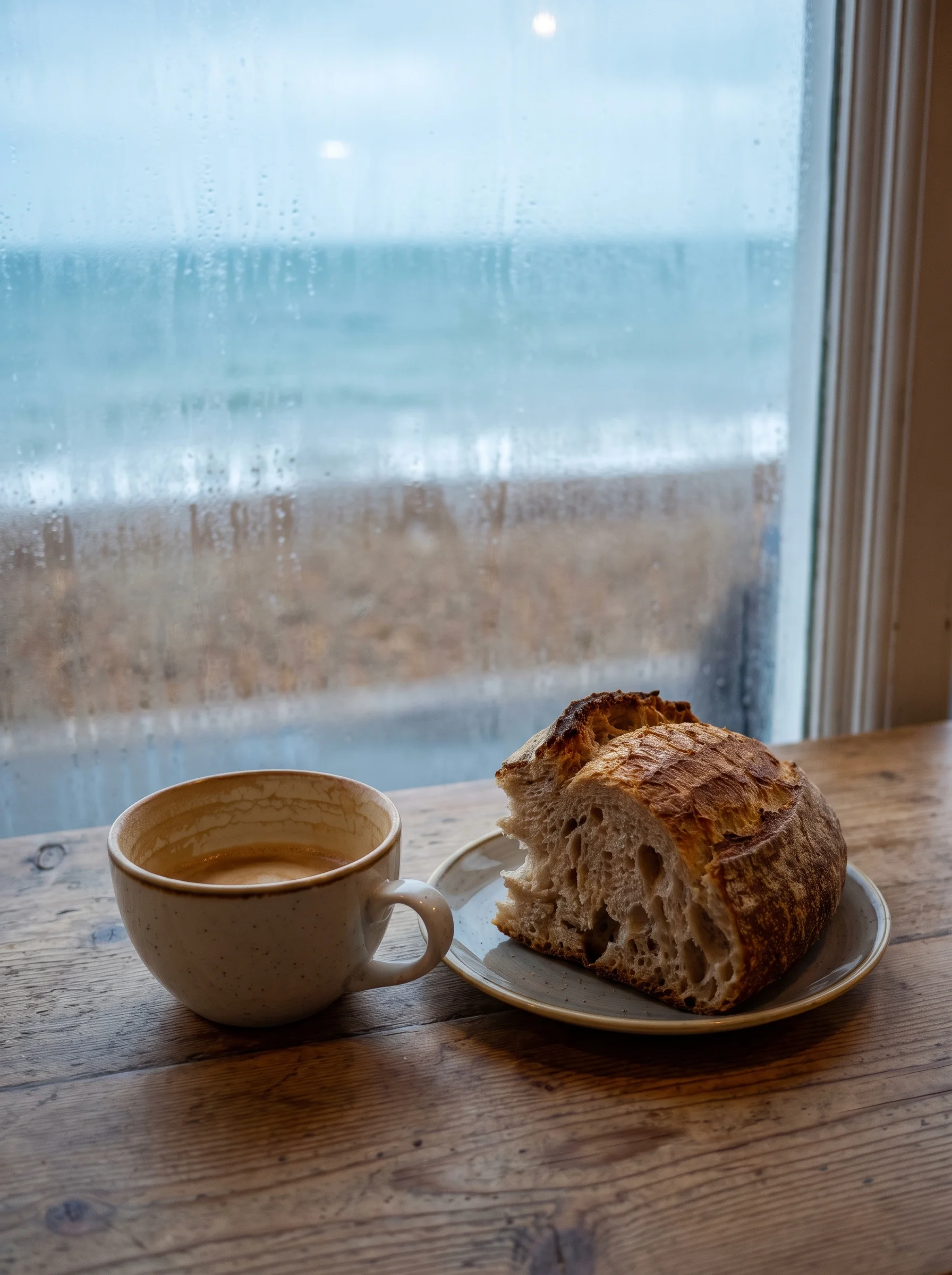 A cup and torn loaf on a café table by a steamed-up window, the grey-green sea and promenade railing soft beyond