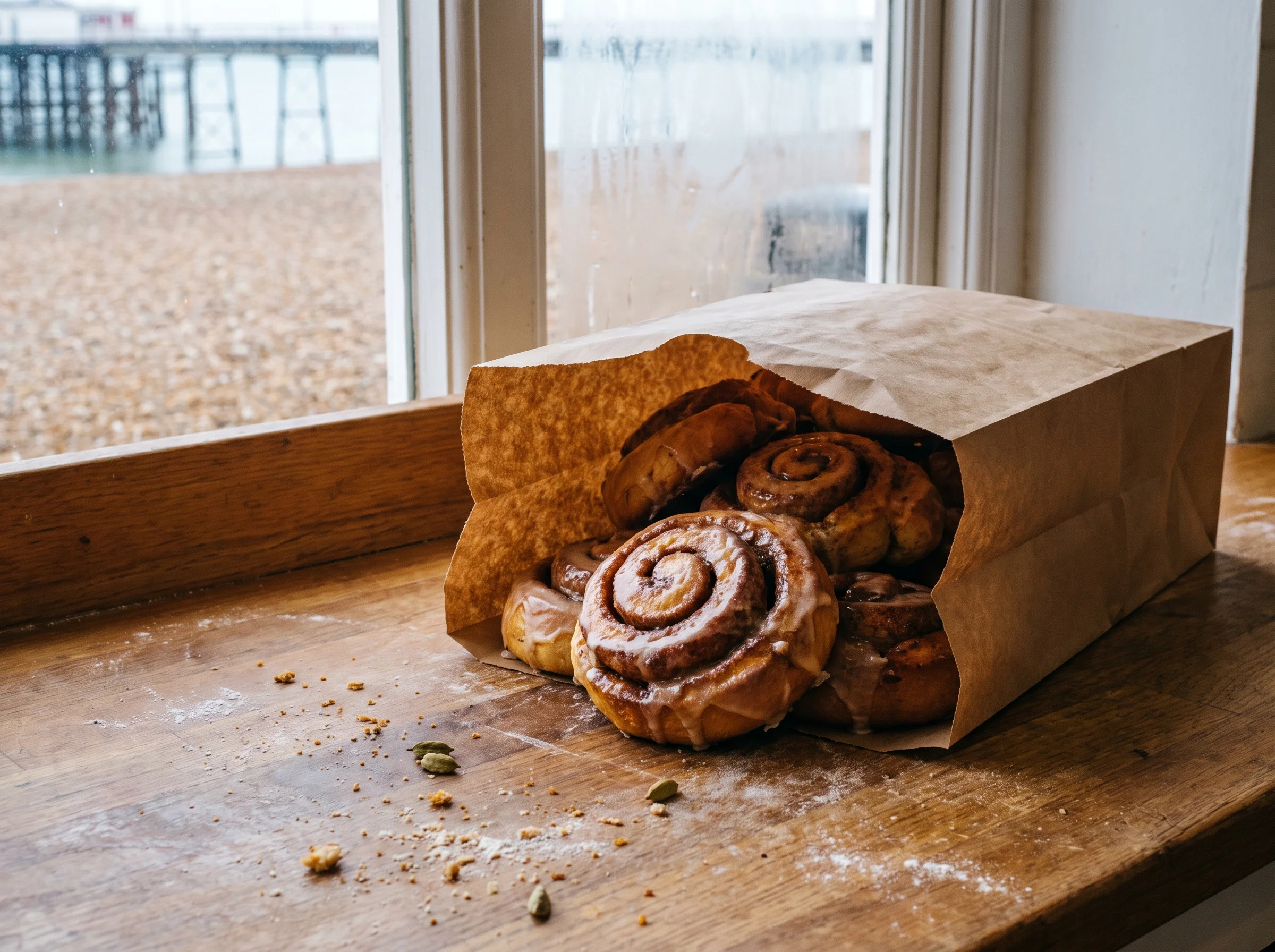 Sticky cardamom buns in an open brown paper bag on the bakery counter