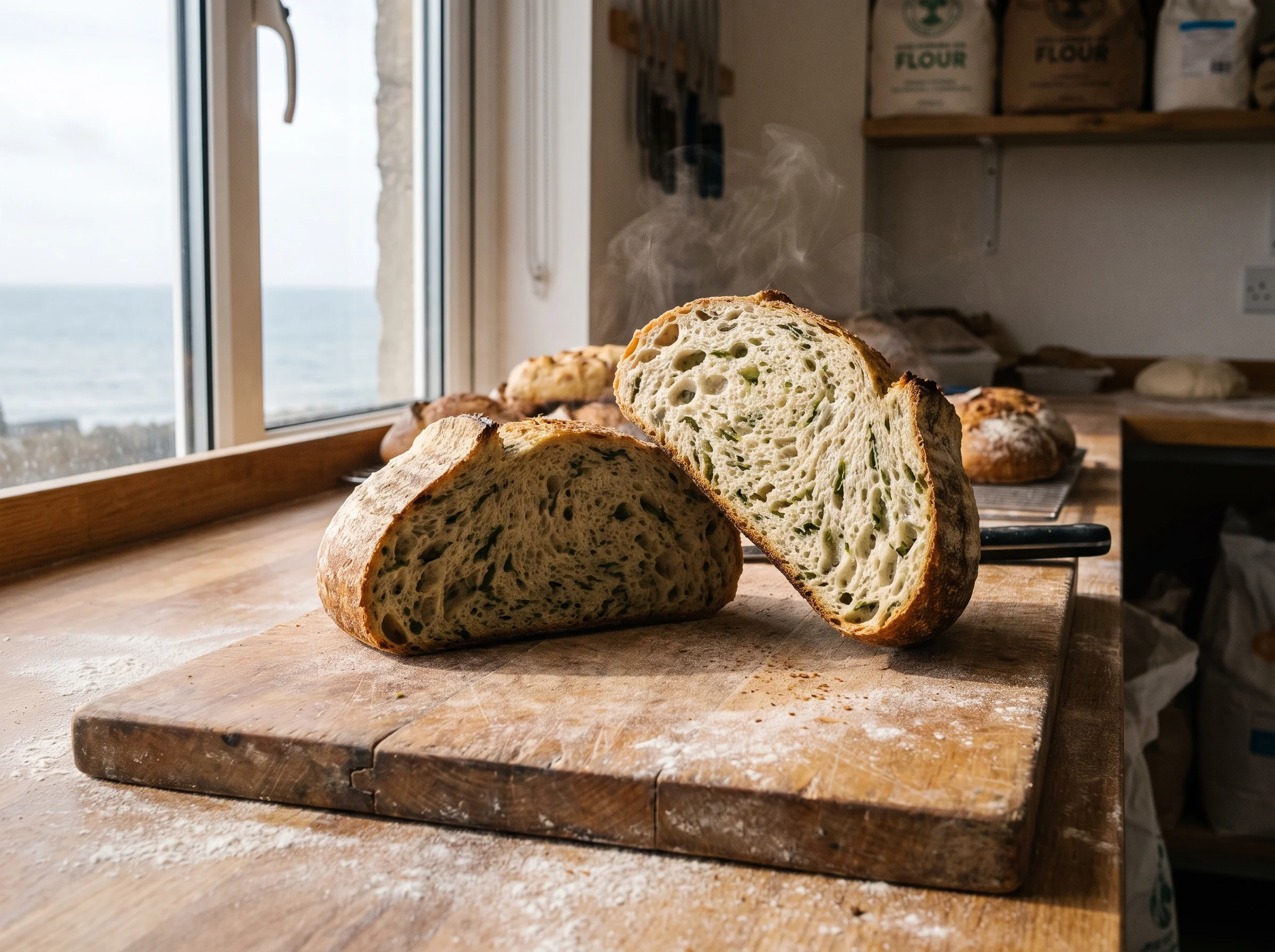 A dark-crusted sourdough loaf cut open to show a green-flecked crumb