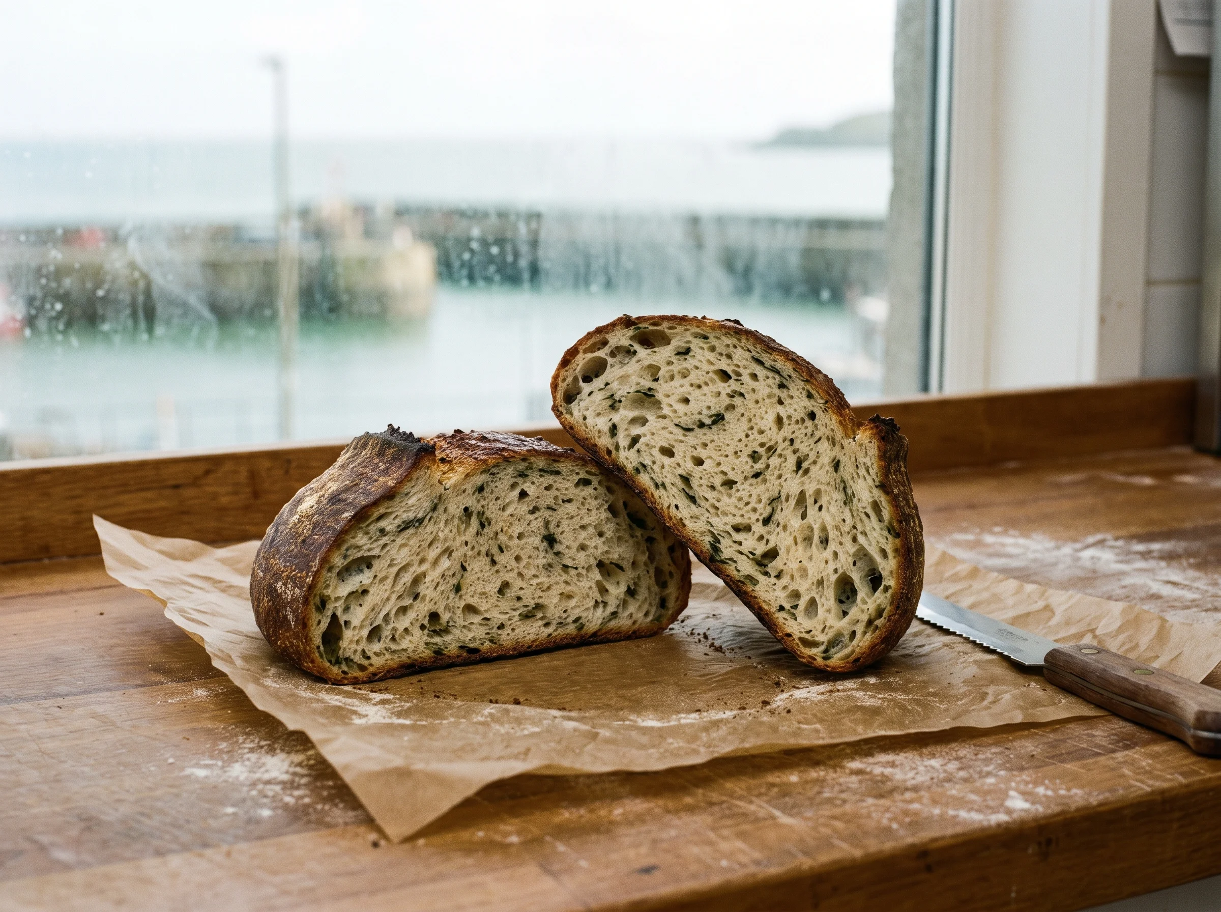 The seaweed sourdough cut in half on bakery paper, its open crumb flecked with green, a knife beside it