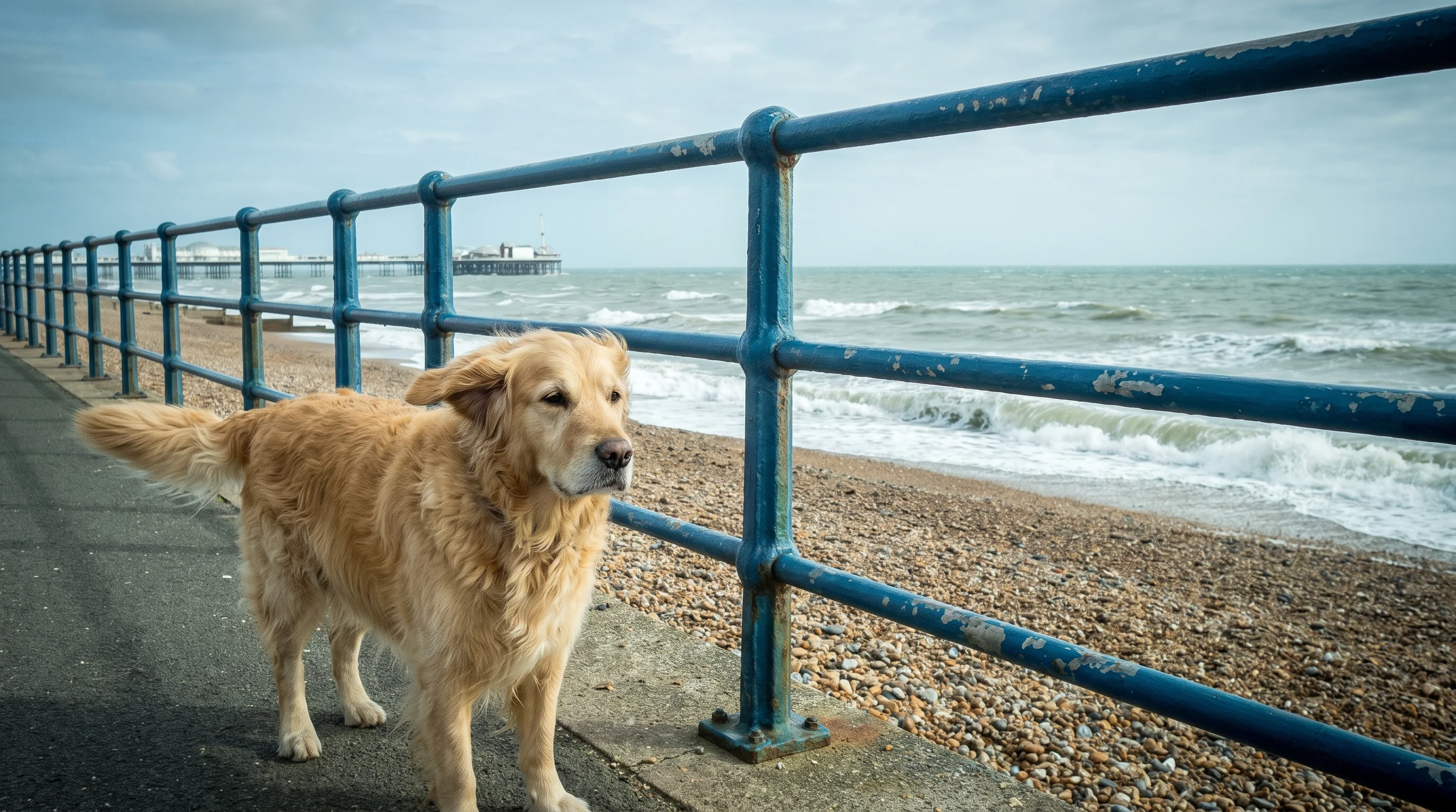 Worthing promenade on a windy morning: shingle, a cream-and-blue railing, a dog mid-stride with its ears blown back, and the pier in the distance