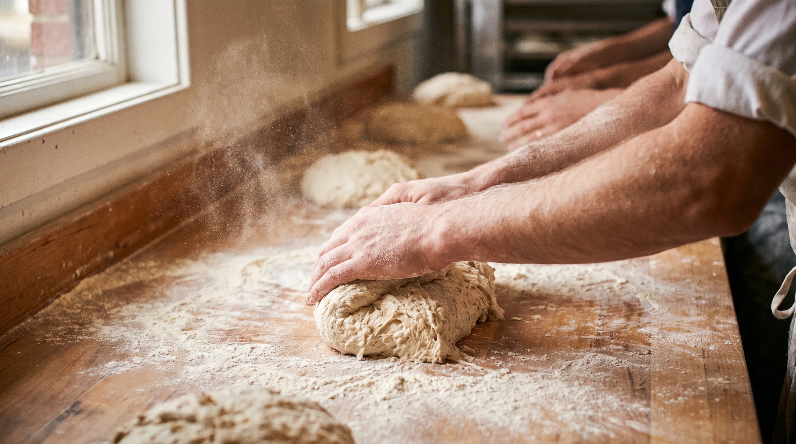 Two floury hands pressing and folding dough on a wooden bench, seen from the side at bench height